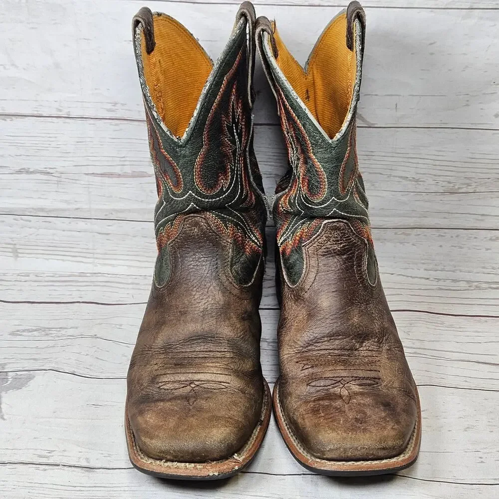 ARIAT Western Boots Brown Green US 4 Leather Embroidered Square Toe 10047010
